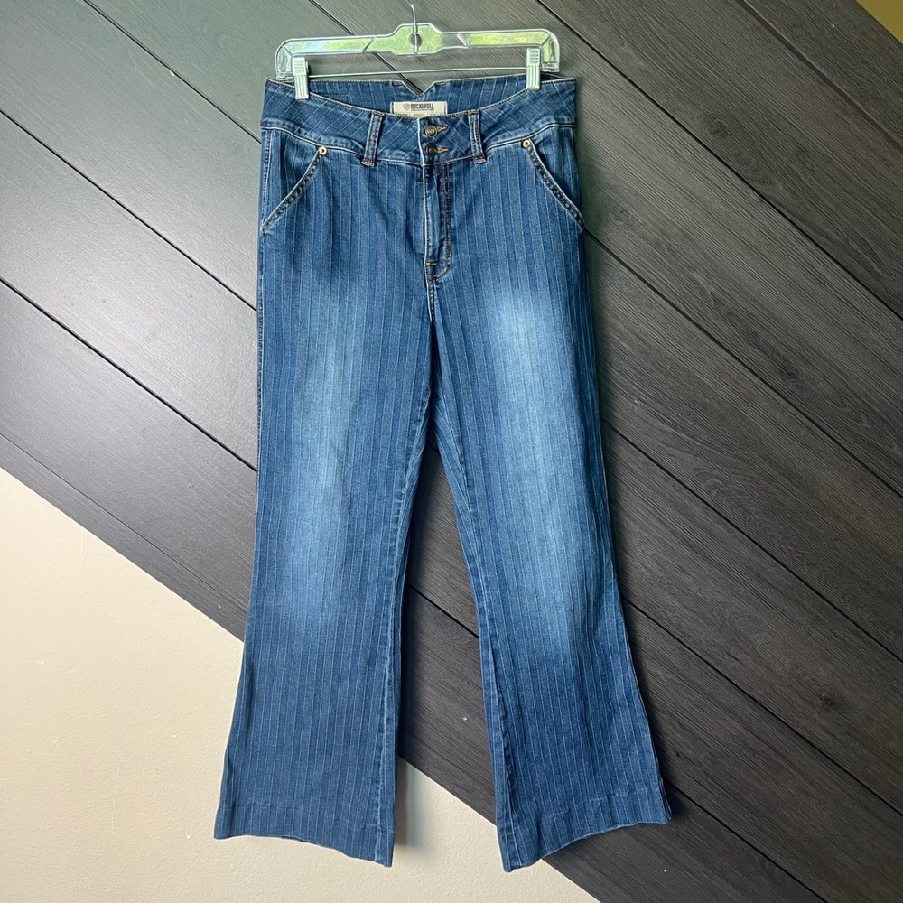 Rock & Roll Denim Women's High Rise Trouser Flare Jeans W29 Blue Pinstripe
